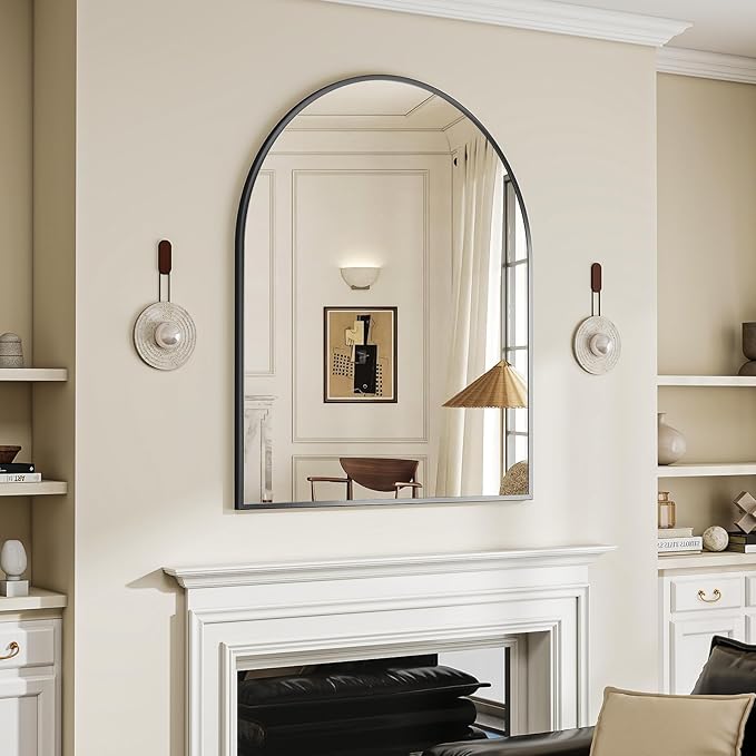 BEAUTYPEAK 32"x42" Arch Bathroom Mirror, Wall Mounted Vanity Metal Frame Mirror for Bedroom, Entryway, Living Room, Black