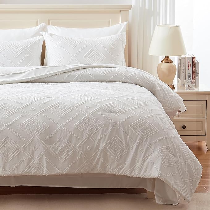 EMME King Comforter Set - 7 Pcs White Boho Comforter Set, Tufted King Size Bedding Sets with Sheets, Shabby Chic Embroidery Bed Set Fluffy Bed Bag for All Season(102"X90")