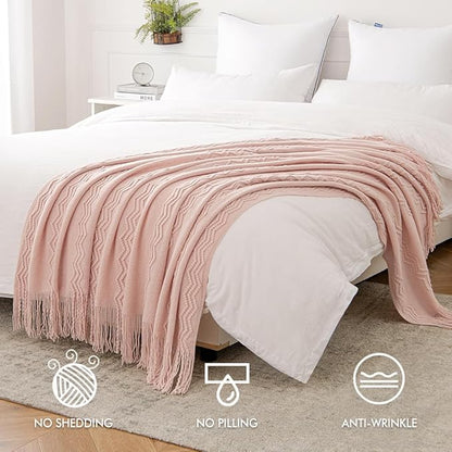 MIULEE Light Pink Knitted Throw Blanket for Couch Bed, Boho Textured Cozy Woven Decorative Farmhouse Blanket with Tassels for Sofa Chair Living Room 50"x60"