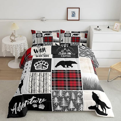 Deer Antlers Comforter Set King Size,Bear Paws Pine Trees Xmas Bedding Set for Kids Boys Girls Adults Room Decor,Lattices Patchwork Rustic Farmhouse Down Comforter,Red Duvet Insert,2 Pillowcases