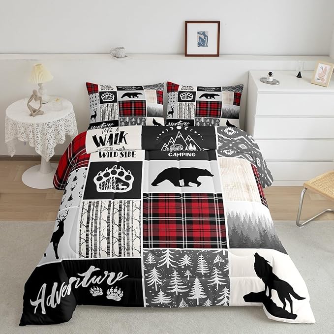 Deer Antlers Comforter Set Twin Size,Bear Paws Pine Trees Xmas Bedding Set for Kids Boys Girls Adults Room Decor,Lattices Patchwork Rustic Farmhouse Down Comforter,Red Duvet Insert,1 Pillowcase