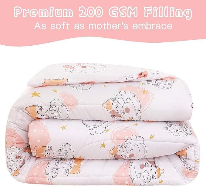 Cat Kids Comforter Set for Girls Full Size, Cute Quilted Pink Heart Printed Bedding Set with Pillow Sham, Lightweight Soft Breathable Machine Washable Bed Set 3 Piece