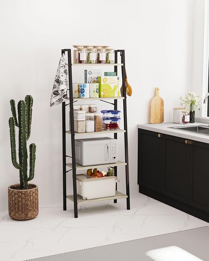 Ladder Shelf, Bookshelf Bookcase, Freestanding Corner Storage Shelve with 2 Hooks for Home Office, Living Room, Kitchen, Bedroom, Industrial, 5-Tier Greige BC19305B