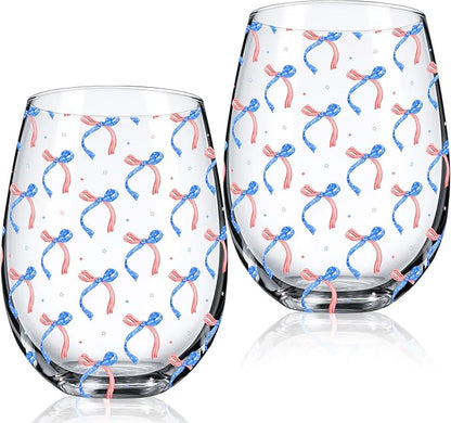 Sliner 2 Pack Patriotic Stemless Wine Glasses 17oz Red Blue Bow Drinking Glasses Independence Day Tumbler Cups for 4th of July Party Supplies Memorial Day Gift Decorations