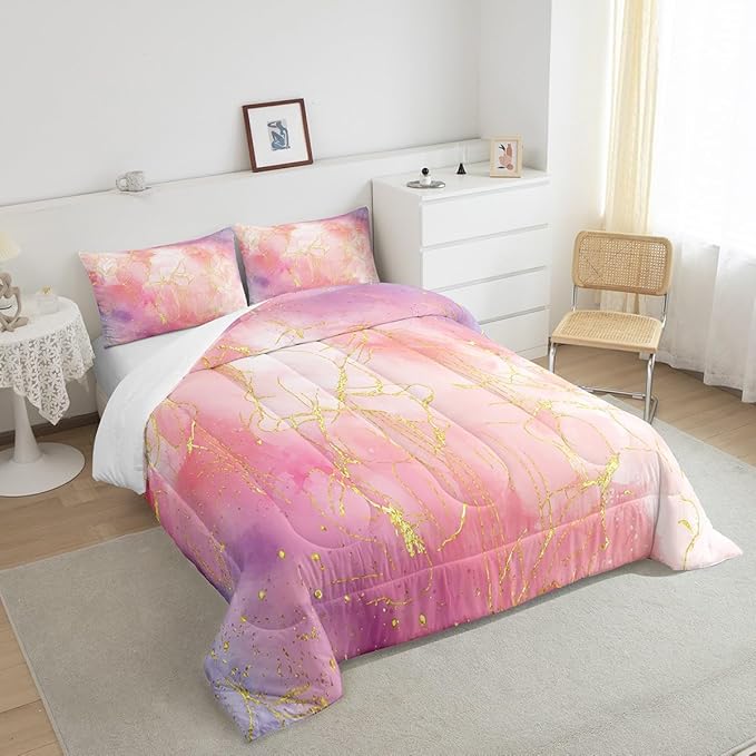 Pink Marble Comforter Set Twin for Girls, Gold Giltter Bronzing Bedding Marble Decor Tie Dye Marbling Bedding Comforter Sets for Kids Teens Women, Tie Dye Fluid Abstract Quilt with 1 Pillowcase