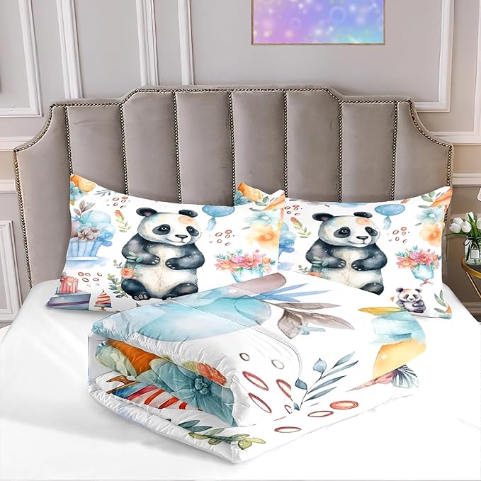 Panda Comforter Set Queen Size - Panda Bedding for Boys Girls Cute Panda Set Cartoon Pandas Print Comfort Queen Bedding Set for Kids Teens, 1 Comforter+2 Pillowcases