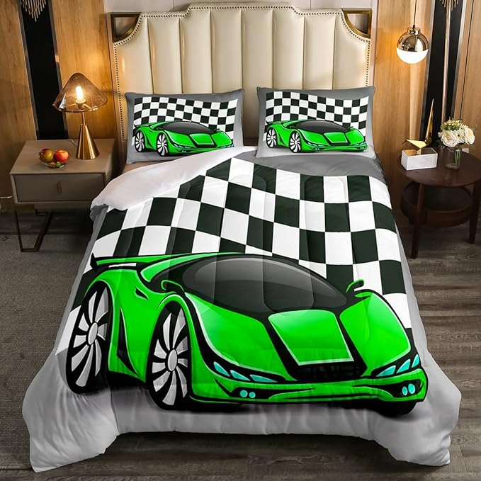 Racing Car Comforter Set, Cool Speed Race Car Down Comforter Queen for Kids Boys Girls Teens Bedroom, Automobile Extreme Sport Bedding Set Plaid Checkered Duvet Sets with 2 Pillowcases, Grey Green