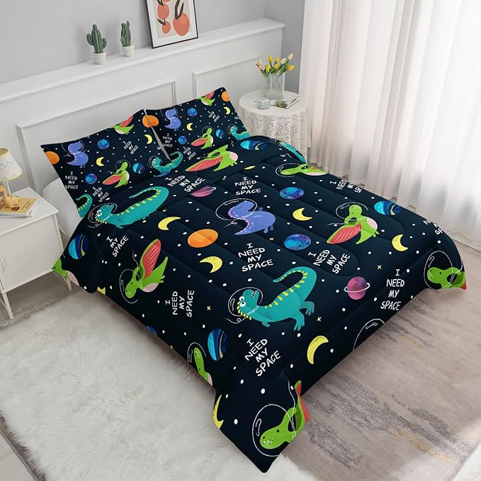 Datura home Dinosaur Space Dinos Comforter Bedding Set for Boys Kids Children,Celestial Bodies Colorful Dinosaur Print Bedding Set with 1 Comforter and 2 Pillowcases(Dinosaur Twin)