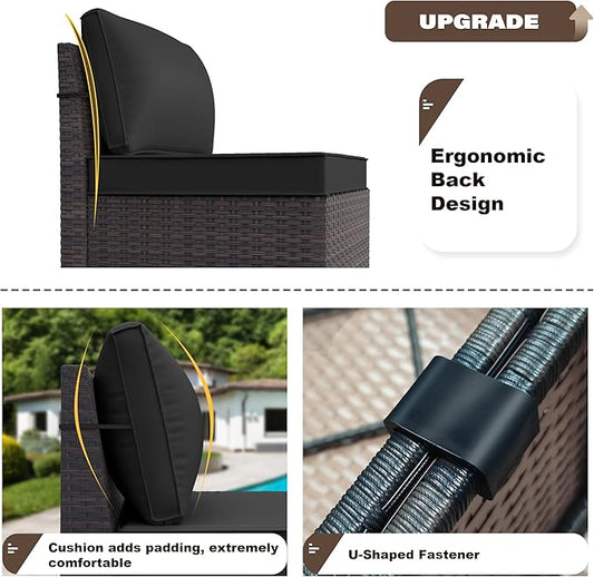 Patio Furniture Set Sofa 6-Pieces Wicker Sectional Sofa Set, Outdoor Furniture Rattan Patio Conversation Set with Thickened Cushion and Glass Coffee Table, Black