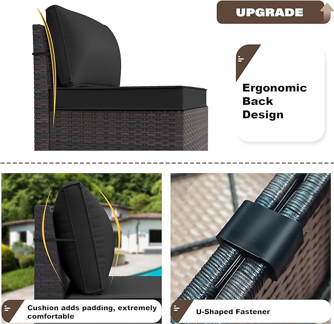 12PCS Patio Furniture Set Sofa Wicker Sectional Sofa Set, Outdoor Furniture Rattan Patio Conversation Set with Cushions and Glass Coffee Table, Black