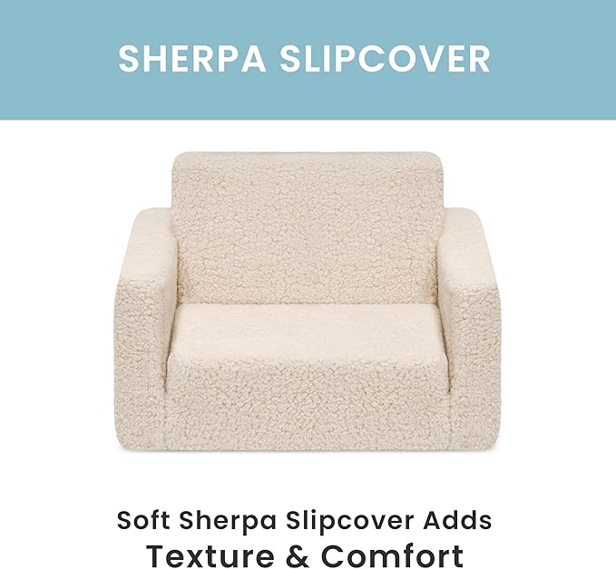 Delta Children Cozee Flip-Out Sherpa 2-in-1 Convertible Chair to Lounger for Kids, Cream