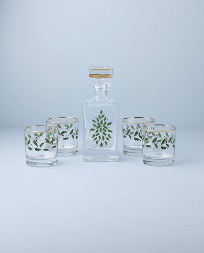 Lenox 896709 Holiday 5-Piece Decanter & Whiskey Glass Set, Christmas Dinnerware, Hosting