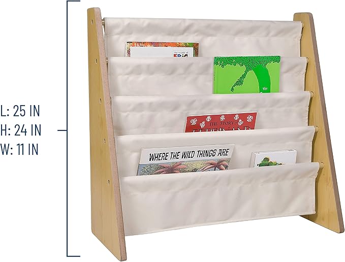 Wildkin Kids Canvas Sling Bookshelf for Boys and Girls, Wooden Design Features Four Fabric Shelves, Keep Bedrooms, Playrooms, and Classrooms Organized, Measures 25 x 24 x 11 Inches (Natural w/ Tan)
