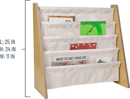 Wildkin Kids Canvas Sling Bookshelf for Boys and Girls, Wooden Design Features Four Fabric Shelves, Keep Bedrooms, Playrooms, and Classrooms Organized, Measures 25 x 24 x 11 Inches (Natural w/ Tan)