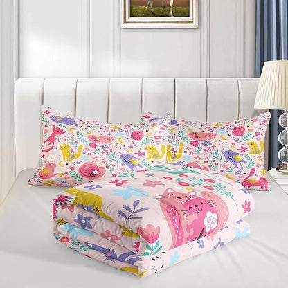 Floral Cat Comforter Queen Size,Pink Cat Comforter Set for Kids Teens Girls,3Pcs Bedding Set Printed Comforter with 2 Pillowcases,Down Alternative,Soft and Lightweight(Pink，Queen Size)