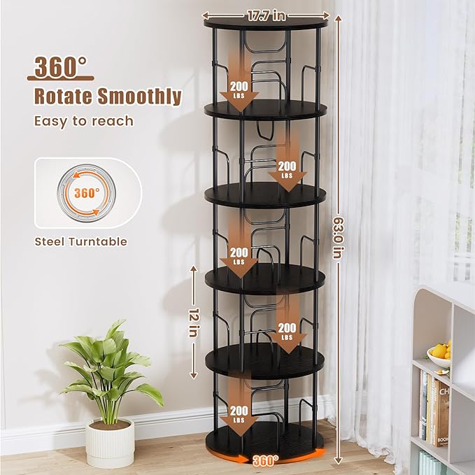 5 Tier Rotating Bookshelf, 360 ° Display Stackable Spinning Bookshelf Tower, Narrow Space Saving Tall Floor Standing Swivel Bookcase Corner Storage Organizer for Bedroom, Living Room, Black