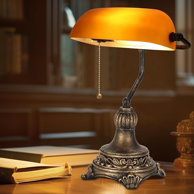 Bankers Lamp with Pull Switch, Amber Glass Desk Lamp with Retro Black/Gold Finish, Vintage Table Lamps for Living Room, Home Office, Library, Piano LED Bulb Included (Amber)