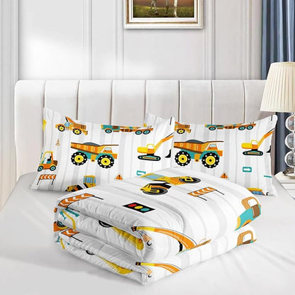 Axolotl Yellow Excavator Comforter Set Queen Size,Cartoon Excavator Bedding Set,Kids Machinery Truck Comforte Set,White Stripe Bedding Vehicle Car Decor for Kids Boys Teens,1 Quilt 2 Pillowcases