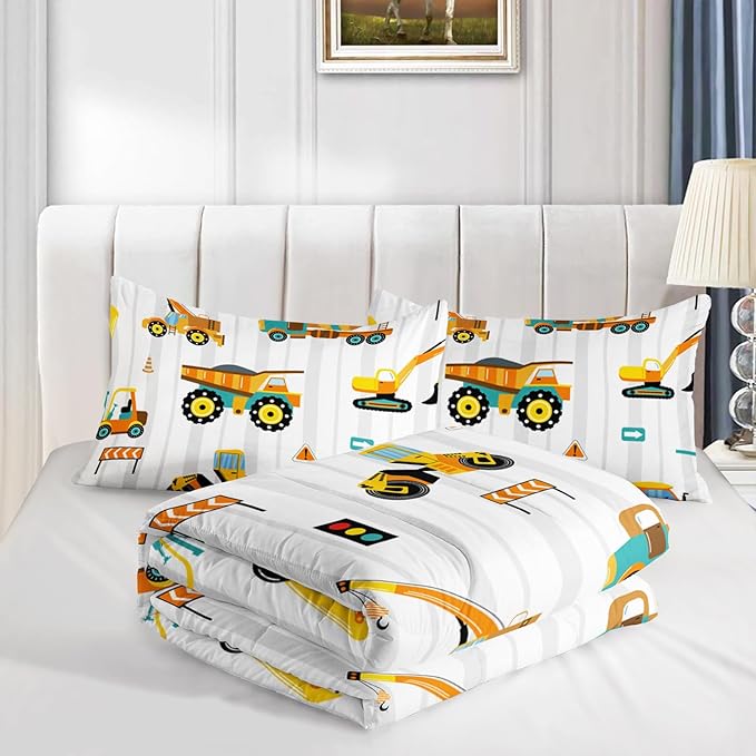 Axolotl Yellow Excavator Comforter Set Full Size,Cartoon Excavator Bedding Set,Kids Machinery Truck Comforte Set,White Stripe Bedding Vehicle Car Decor for Kids Boys Teens,1 Quilt 2 Pillowcases