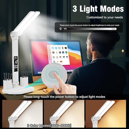 LED Desk Lamp Light with 2 Pen Holders, Time, Date, Temperature Display, Dimmable, 3 Color Modes, Touch Control, Foldable,Eye-Caring Table Lamp for Office Home Reading Study
