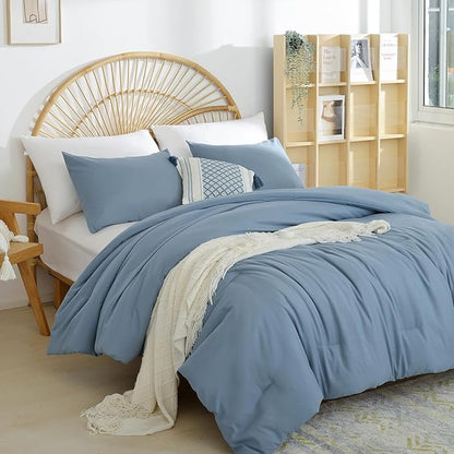Grayish Blue Full Comforter Boho Dusty Blue 3PCS Microfiber Bed Comforter Sets for All Season Comforter for Men and Women Soft Lightweight Bed Comforter Set (1 Comforter, 2 Pillowcases)