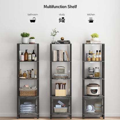 TUTOTAK 5 Tier Bookcase and Bookshelf, Narrow Book shelf with Door for Small Space, for Living Room, Office, Study, Entryway, Charcoal Grey BS03BY005
