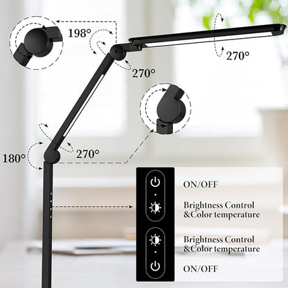 LED Desk Lamp with USB Charging Ports,Creative Touch Reading Light, with Memory Dual Light and Adjustable Swing Arm,15W 4 CCT Eye-Care Modes & 4 Brightness Levels Table Lamp for Home Office-Black