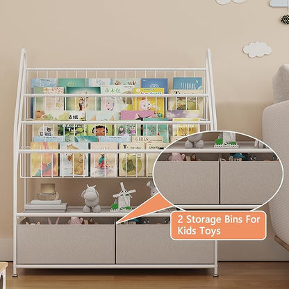 Large Kids Bookshelf With 2 Storage Box, 5 Tier Metal Kids Bookcases Children's Toy Storage Rack, Book Unit Storage Shelf for Playroom Bedroom Study Room, Idea Gifts for Boys and Girls KDSJ2305-White