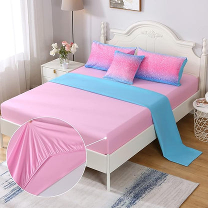 JQinHome Glitter Comforter Set Queen Size, 6 Piece Bed in A Bag 3D Colorful Duvet Pink Blue Bedding Set for Girls Women (1 Comforter,2 Pillowcases,1 Flat Sheet,1 Fitted Sheet,1 Cushion Cover)