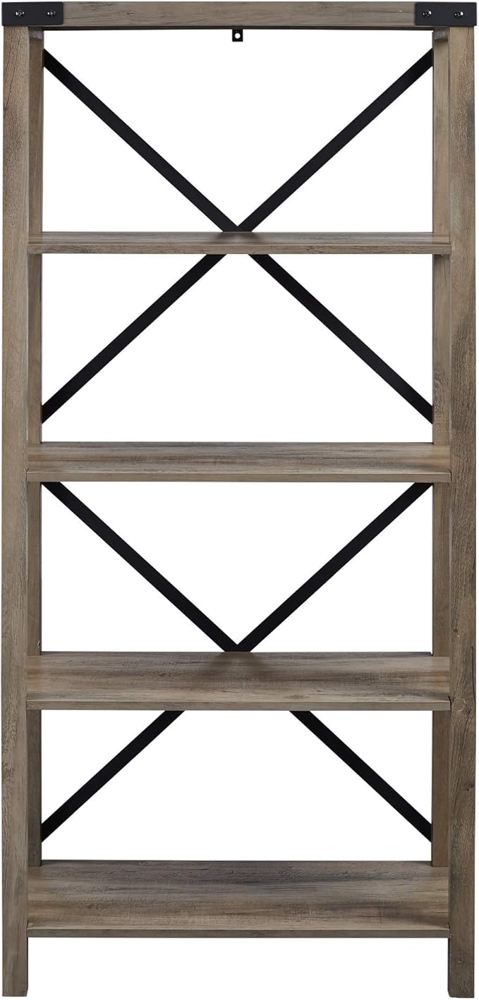 Walker Edison Andersen Urban Industrial Metal X Back 4 tier Bookshelf, 64 Inch, Grey Wash