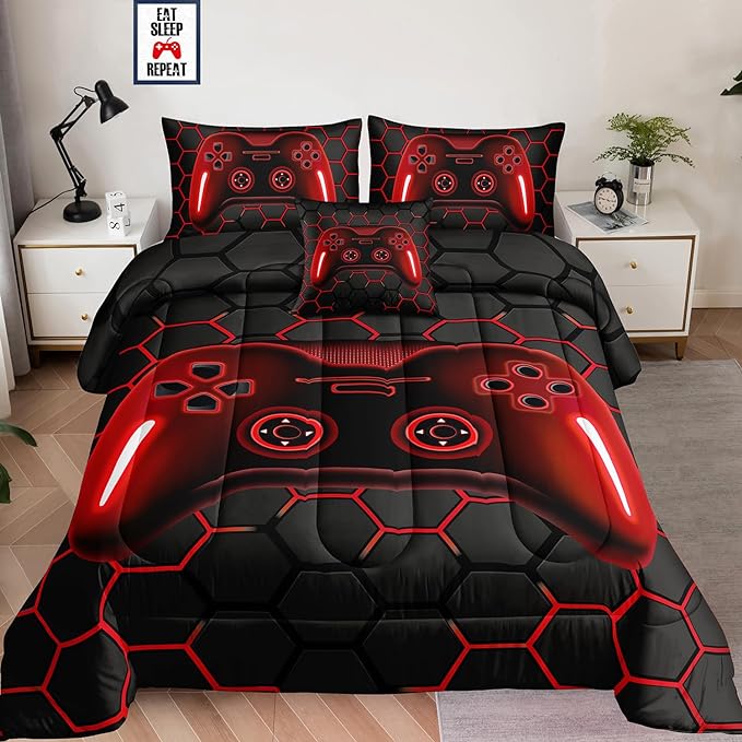 6 Pieces Bed in a Bag for Boys Bedding Sets Full Size,Gamer Comforter Sets for Boys Kids, Gaming Comforter Set for Boys Room Decor with Flat Sheet,Fitted Sheet,Pillowcase,Cushion Cover
