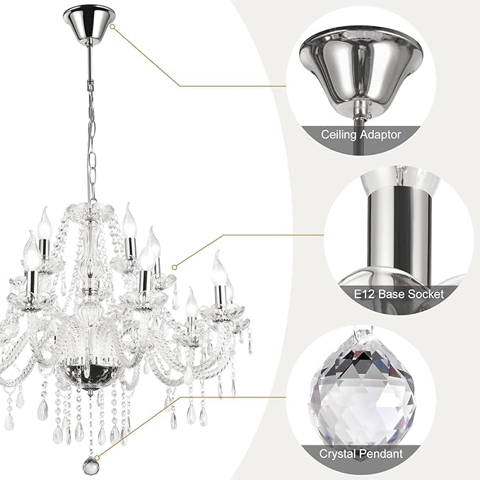 Modern Elegant 8 Lights K9 Crystal Glass Chandelier Pendant Ceiling Lighting European Style for Dining Living Room Bedroom Transparent, 8 E12 Bulbs Required