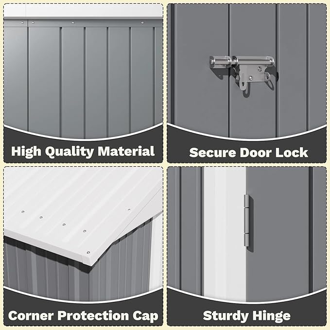 Greesum 8×6FT Outdoor Storage Shed, Metal Patio Storaged Sheds with Lockable Doors, Sheds & Outdoor Storage for Bike, Backyard, Pool and Garden, Gray