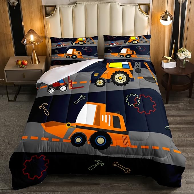 Feelyou Kids Equipment Trucks Comforter Boys Excavators Bedding Set Construction Site Vehicle Car Decor Comforter Set Tractor Orange Black Grey Quilt SetBedroom Collection 2Pcs Twin Size