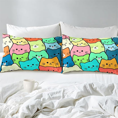Cat Bedding Set Full Size - 3 Piece Cartoon Cat Comforter Set for Girls Boys Kids Bedroom Colorful Animals Print Home Bedding Decor for All Season Soft Warm 1 Cat Quilt Cover with 2 Pillowcases