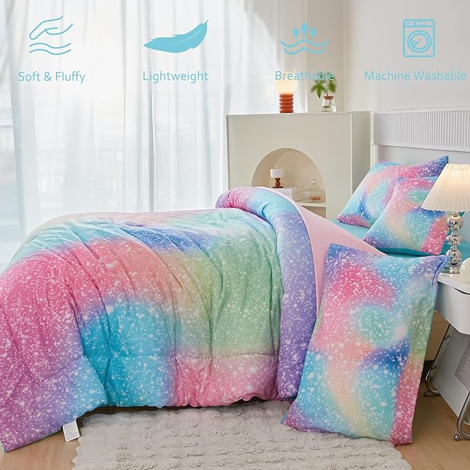 PERFEMET Rainbow Queen Girls Bedding Set, 6 Pieces Glitter Pink Green Comforter for Queen Size Bed, Colorful Tie Dye Ombre Teen Girls Bed in A Bag Comforter Set with Sheets