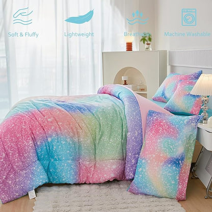 PERFEMET Rainbow Queen Girls Bedding Set, 6 Pieces Glitter Pink Green Comforter for Queen Size Bed, Colorful Tie Dye Ombre Teen Girls Bed in A Bag Comforter Set with Sheets