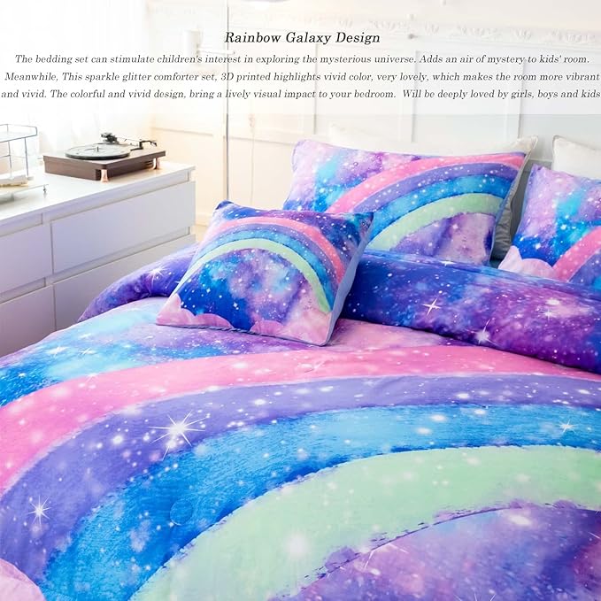Rainbow Nebula Teen Bedding Comforter Set for Girls, Gradient Glitter Bedding Set Full Size, 3D Tie Dye Blue Comforter Bedding Sets, 6Pcs Bed in A Bag for All Season