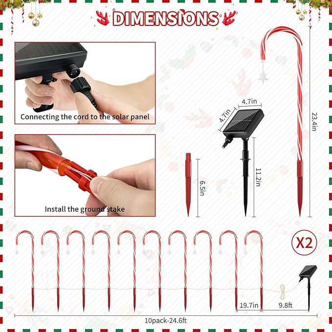 AOSEA 20 Pack Christmas Decorations Outdoor, 160 Red LEDs Solar Christmas Candy Cane Lights, Solar Pathway Lights with 8 Lighting Modes, Waterproof Solar Lights for Yard, Walkway, Lawn, Garden Decor