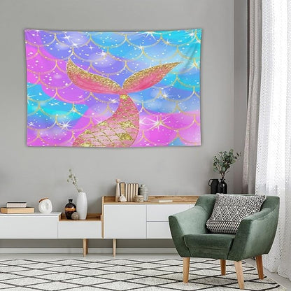 HZOHNAGO Mermaid Scales Tapestry Colorful Shiny Scales Mermaid Tail Pattern Printed Wall Tapestry Wall Hanging for Bedroom Living Room Dorm 90" W x 60" H