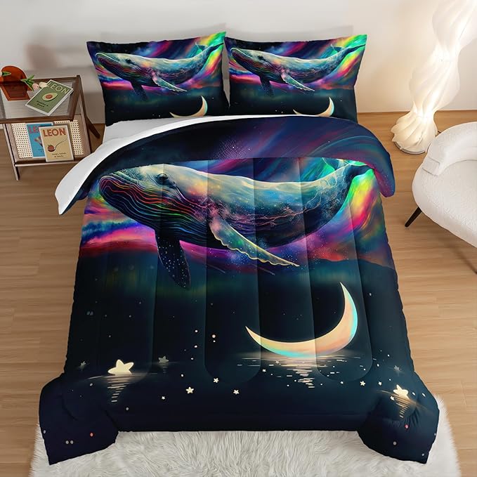 HOSIMA 3D Whale Galaxy Bedding Comforter Sets,Stars Moon Comforter Starry Room Decor Aesthetics,Ocean Theme Marine Life Whale Comforter with 2 Pillowcases Twin Bed in a Bag Sets for Adults Kids.