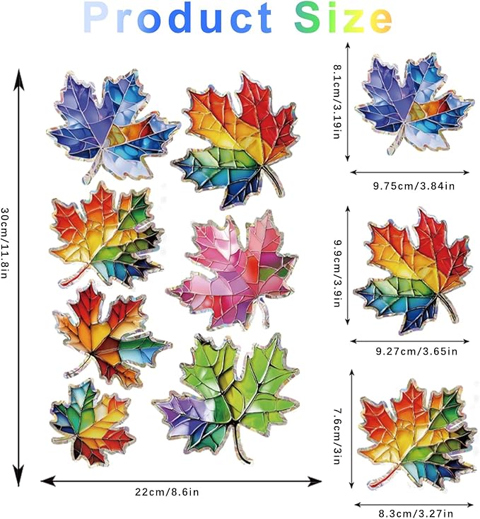 14pcs Window Decals for Bird Strikes, Anti Collision Window Clings, Rainbow Reflection Window Sticker, Maple Leaf Style Sun Catcher Stickers for Glass Windows
