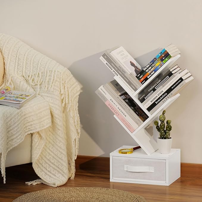 Small Bookshelf with Drawer,4 Tier Tree Book Shelf,Wood Desk Bookshelves,Modern Free Standing Desktop Display Shelves,White Floor Standing Organizer Bookcase for Living Room,Bedroom,Office