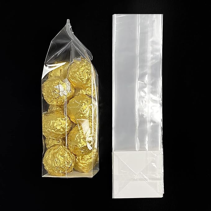 Morepack Gusseted Flat Bottom Cellophane Bags 2x2x8 In 50Pcs | Biscotti Bags with Paper Insert (Mini Size)