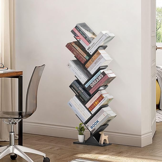 10 Tier Tree Book Shelf, Floor Standing Wood Bookshelf for Narrow Space, Storage Organizer Bookshelves for Books/CDs/Magazine, Bookcase with Shelves for Home Office, Living Room - Black