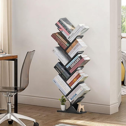 10 Tier Tree Book Shelf, Floor Standing Wood Bookshelf for Narrow Space, Storage Organizer Bookshelves for Books/CDs/Magazine, Bookcase with Shelves for Home Office, Living Room - Black