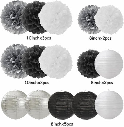Black White Silver Party-Decorations Paper Flowers Lanterns - 15PCS Birthday Halloween Wedding Tissue Pom Poms Streamers, Halloween Prom Baby Shower Bachelorette Hanging Supplies Decor Hugfond