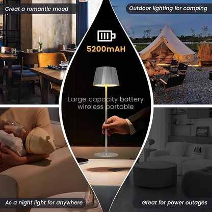 Modern LED Cordless Waterproof Table Lamp,5200mAh Touch Dimmable Desk Lamp,Rechargeable Battery Powered Night Light for Indoor/Outdoor Dining (Silver, 3000K, Warm White)