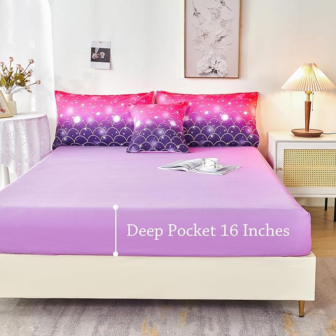 URBONUR Purple Glitter Comforter Set Queen Size for Girls 6 Piece Bed in A Bag Comforter with Sheets Set, Gradient Pink Purple Sparkle Mermaid Fish Scales Bedding Comforter Set