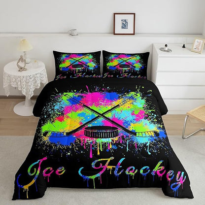Kids Ice Hockey Comforter Set Full Size Gaming Sports Bedding Set for Boys Girls Teens Bedroom Decor Ice Sports Games Tie Dye Comforter Hockey Player Duvet Set with 2 Pillow Case